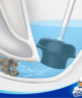Heavy Duty Toilet Plunger With Holder, Ergonomic Handle in use within a toilet bowl, demonstrating powerful plunging action.