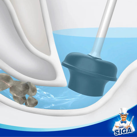 Heavy Duty Toilet Plunger With Holder, Ergonomic Handle in use within a toilet bowl, demonstrating powerful plunging action.