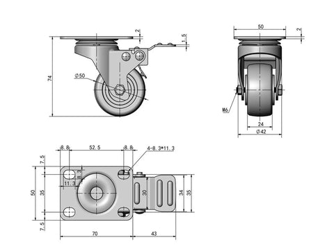 Built Tough Two Inch Swivel Caster Wheels Featuring Silent Low Profile Design For Heavy Duty Mobile Workbenches And Professional Instrument Carts With Dual Sealed Bearings dimensions diagram