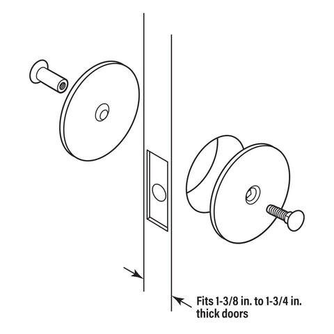 Diagram showing installation of Steel Door Hole Cover Plate Gray 2-5/8 Inch Diameter on doors up to 1-3/4 inch thick.