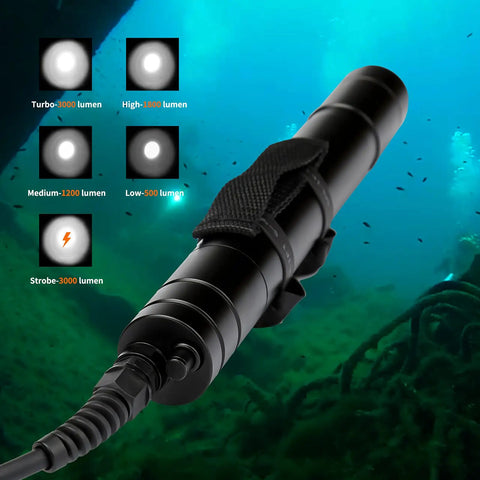 Underwater view of Killer 3000 Lumens Canister Dive Light Kit For Technical Scuba Diving With Adjustable Goodman Handle and mode options.