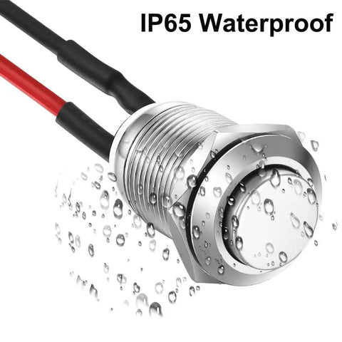 Close-up of a 5 Pack 12mm Waterproof Momentary Push Button Switches Prewired Stainless Steel High Head On Off 2A 12V/24V/125V/250V AC IP65