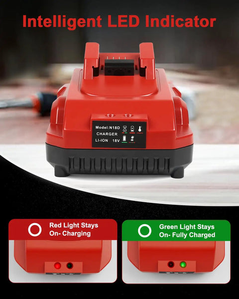 Two Pack 18V 6000mAh Replacement Battery For Milwaukee M18 Tools Long Lasting High Capacity Battery Pack With One Multi Voltage Charger Included Red Power Up For Busy Jobs showing LED indicator lights for charging status