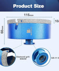Blue vacuum-brazed diamond core drill bit for porcelain tile, 4 1/2 in, 5/8-11 thread, diamond grit #35/40