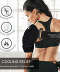 Woman using Hot Or Cold Therapy Shoulder Ice Pack Wrap That Hooks You Up With Pain Relief Fast For Rotator Cuff Injuries Surgery And Recovery From Gym Baseball Or Pitching Sessions