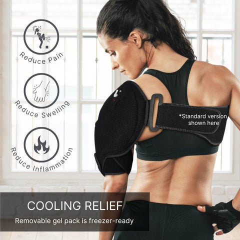 Woman using Hot Or Cold Therapy Shoulder Ice Pack Wrap That Hooks You Up With Pain Relief Fast For Rotator Cuff Injuries Surgery And Recovery From Gym Baseball Or Pitching Sessions