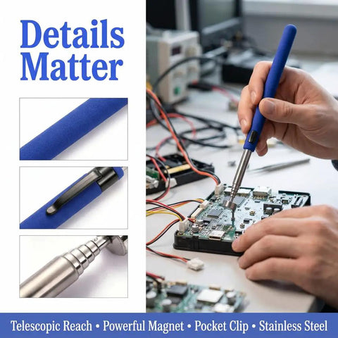 Hand using Telescoping Magnetic Pickup Tool With 8lb Pull And 29 Inch Extendable Reach Non Slip Grip for electronics.