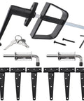 Complete Shed Door Hardware Kit with 6 Inch T Hinges Latches and L Handle Lock, includes heavy duty barrel bolts and screws.