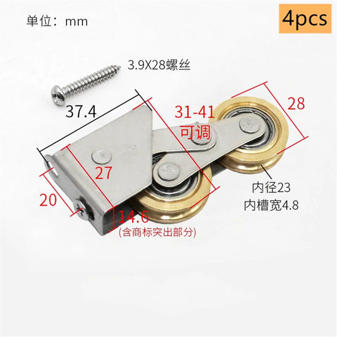 Adjustable Heavy Duty Double Wheel Roller Bearings Made From Stainless Steel With Copper Wheels Perfect For Sliding Doors Windows And Shower Tracks Providing Slick Glide Durable Construction 4 Pack, showing dimensions and screw.