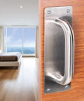 Stainless Steel Door Plate Pull Handle 2 Pack Heavy Duty Push Pull Sliding Barn Door Handle With Backplate installed on wood door
