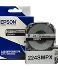 Hardcore Epson Compatible Industrial Label Maker Kit Bundle Featuring Pet Polyester Tape Cartridges In Black On Silver Matte 24Mm cartridge and box.