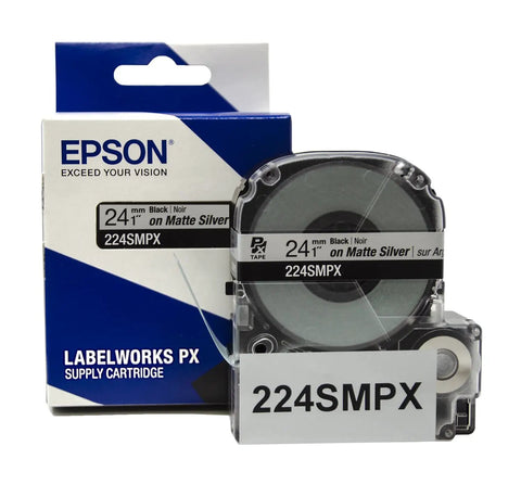 Hardcore Epson Compatible Industrial Label Maker Kit Bundle Featuring Pet Polyester Tape Cartridges In Black On Silver Matte 24Mm cartridge and box.
