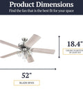 52 Inch Indoor Ceiling Fan With Light And LED, Tri Mount 5 Blade Modern Farmhouse Style dimensions shown, 18.4" height, 52" span.