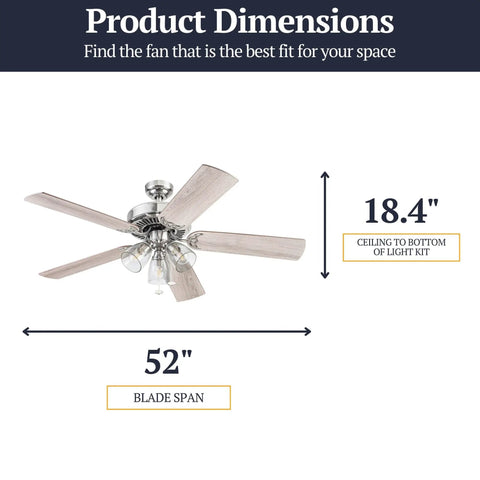 52 Inch Indoor Ceiling Fan With Light And LED, Tri Mount 5 Blade Modern Farmhouse Style dimensions shown, 18.4" height, 52" span.