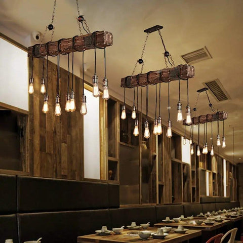 10 Light Rustic Wood Chandelier Pendant Light With Adjustable Suspension Chain in dining setting, farmhouse style.
