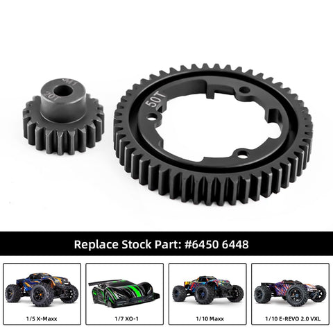 50T Spur Gear 1.0 Mod Hardened Steel With 20T Pinion Gear Upgrade Kit For Traxxas 1/5 X-Maxx RC, 1/7 XO-1, 1/10 Maxx