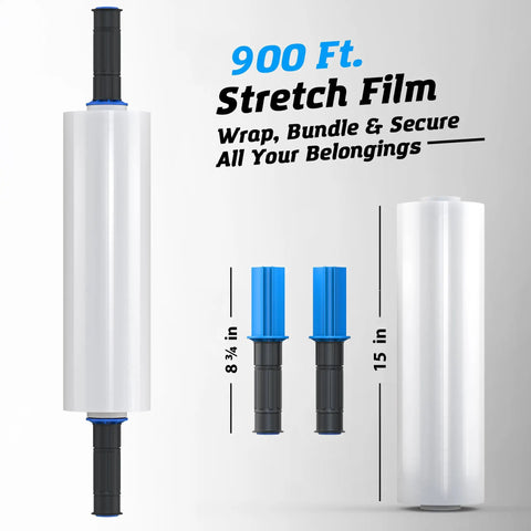 One Roll 15 Inch Wide 900 Ft Clear Heavy Duty Plastic Stretch Wrap For Shipping And Moving Pro Grade Extra Durable Shrink Film With Wrap Holder Included For Packing Trucking And Logistics, detailed view with measurements of wrap and holder.