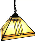 Mission Tiffany Style Stained Glass Ceiling Pendant Light With 11 Inch Lampshade And 47 Inch Tall Frame, hanging view