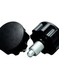 Pro Grade Mini Indexing Locking Plungers with black knob and steel threaded base for gym builds and tool fixtures.