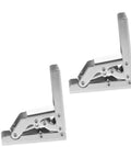 Two silver folding cabinet hinge brackets, angled view, hidden shelf supports for furniture and kitchen cabinets