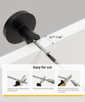 Close-up view of Matte Black Cabinet Knobs Set Of 5 1.27 Inch Round Drawer Pulls installation with size guide and easy cut instructions.