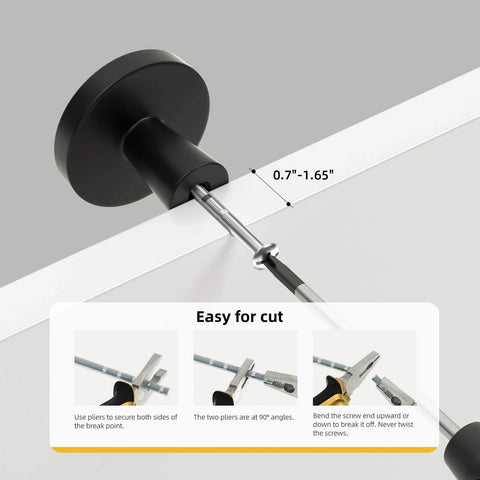 Close-up view of Matte Black Cabinet Knobs Set Of 5 1.27 Inch Round Drawer Pulls installation with size guide and easy cut instructions.