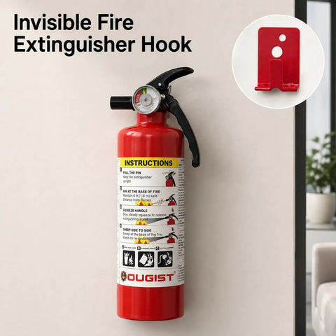 Heavy Duty ABC Fire Extinguisher Squad, Foolproof Dry Chemical Safety Gear, Pro Grade 2.5 Pound Rechargeable Cans, Tough As Nails Coverage For Home Garage And Daily Drives With Four Pack mounted with an invisible hook.