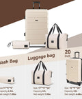 Beige expandable luggage set with spinner wheels, includes 20-inch carry-on, duffle bag, and toiletry bag, perfect for travel.