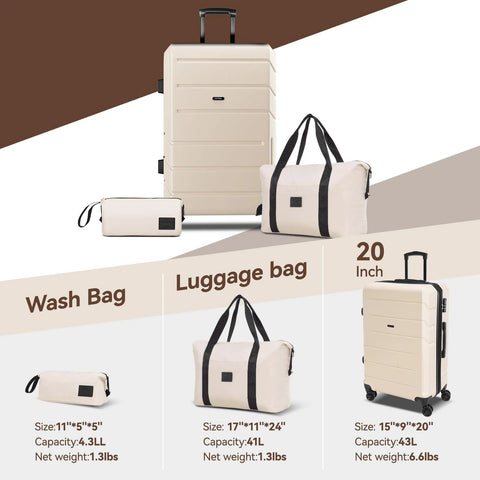 Beige expandable luggage set with spinner wheels, includes 20-inch carry-on, duffle bag, and toiletry bag, perfect for travel.