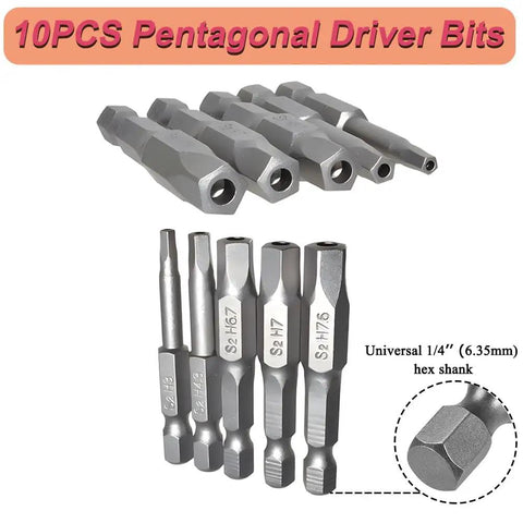 Magnetic Pentagon Head Screwdriver Bits Set Delivering A Heavy Duty Grip 10 Piece Security Drill Bits quarter inch hex shank.