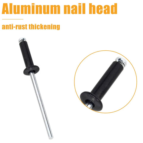 Aluminum Blind Rivets Kit One Eighth By Half Inch, 100 Pieces Black Pop Rivets for DIY Home Projects, showing black rivet and insert