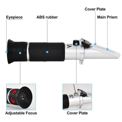 3 In 1 Honey Refractometer With ATC For Honey Maple Syrup And Molasses High Precision Sugar Tester Measuring Brix From 58 To 90 Percent Moisture From 12 To 27 Percent And Baume 38 To 43 For Beekeeping, side view