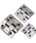 Three stainless steel detachable slip joint cabinet door hinges with lift off capability and soft close damping system, sizes 40x40mm, 50x50mm, 60x60mm.