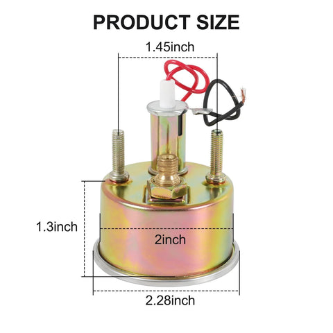 Back view of 12V oil pressure gauge kit with dimensions displayed, highlighting technical specifications for universal car fitment.