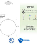 Dimensions and features of Mid Century Modern Globe Pendant Light With Frosted Glass Orb, White Finish, Minimalist Hanging Lamp