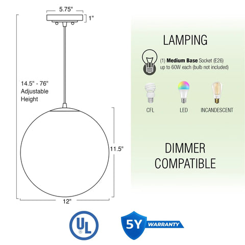 Dimensions and features of Mid Century Modern Globe Pendant Light With Frosted Glass Orb, White Finish, Minimalist Hanging Lamp