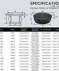 Specifications chart for 13mm black plastic hole plugs, showing sizes and dimensions for the 50 Pack Black Plastic Hole Plugs Half Inch 13 Mm Flush Type Snap In Locking Tube Plugs Knockout Seal End Caps Made Of RoHS Compliant Nylon For Furniture Cabinets Fencing Posts And Pipes