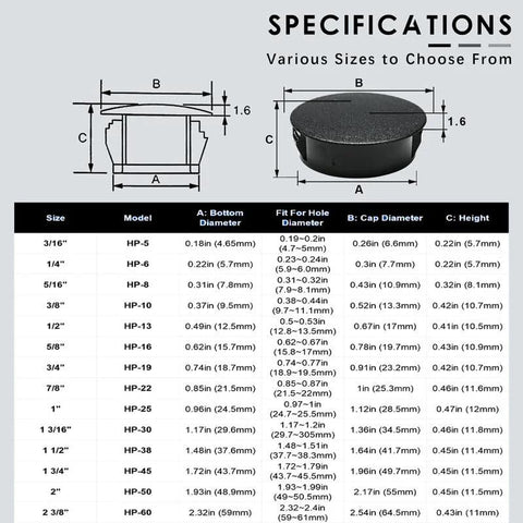Specifications chart for 13mm black plastic hole plugs, showing sizes and dimensions for the 50 Pack Black Plastic Hole Plugs Half Inch 13 Mm Flush Type Snap In Locking Tube Plugs Knockout Seal End Caps Made Of RoHS Compliant Nylon For Furniture Cabinets Fencing Posts And Pipes