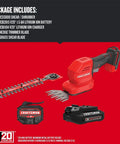 V20 4 Inch Cordless Handheld Grass Trimmer And 8 Inch Mini Hedge Trimmer, red design, with battery and charger displayed.