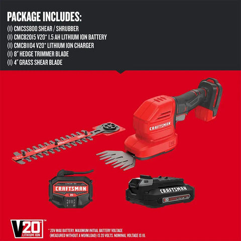 V20 4 Inch Cordless Handheld Grass Trimmer And 8 Inch Mini Hedge Trimmer, red design, with battery and charger displayed.