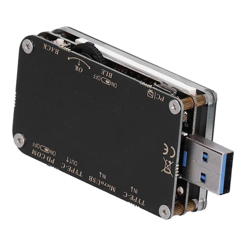 High Precision USB Voltmeter And Ammeter With Color LCD Screen, digital USB tester showing connectors and ports for PD fast charge.