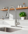 Top Shelf Brushed Nickel Kitchen Faucet With Pull Down Sprayer And Three Spray Modes Built From Solid Stainless Steel, ergonomic gooseneck design.