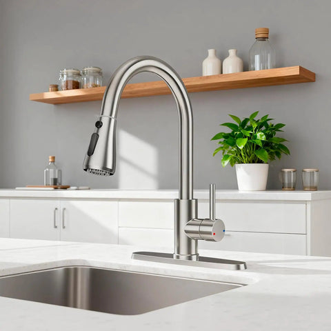 Top Shelf Brushed Nickel Kitchen Faucet With Pull Down Sprayer And Three Spray Modes Built From Solid Stainless Steel, ergonomic gooseneck design.
