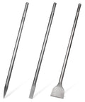24 Inch SDS Plus Demolition Chisel Set With 1 Inch Flat, Point And 3 Inch Scaling Chisels For Tile Removal Built To Last, Heavy Duty 40Cr Steel Bits, Fits All SDS Plus Hammer Drills And Breakers. Three chisels displayed on white background.
