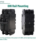 Front and side view of 15 Amp 120V And 240V Two Pole DIN Rail Miniature Circuit Breaker UL 489 Listed 35mm Mount HCB1U-60 MCB With 10kA Breaking Capacity Built For Bombproof Panel Protection.