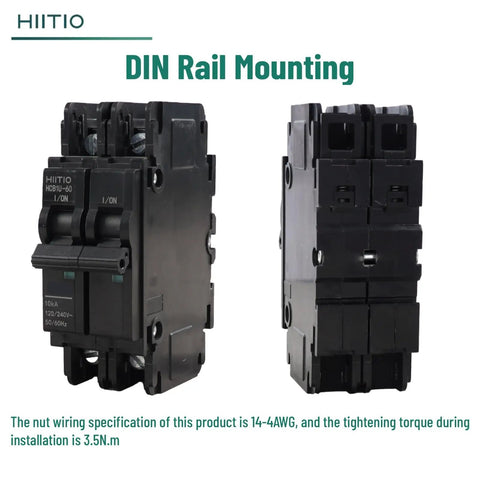 Front and side view of 15 Amp 120V And 240V Two Pole DIN Rail Miniature Circuit Breaker UL 489 Listed 35mm Mount HCB1U-60 MCB With 10kA Breaking Capacity Built For Bombproof Panel Protection.