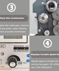 Close-up of Quanbu Mini Metal Lathe Machine control panel showing variable speed settings and metal gear details for precision machining.