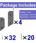 Package for 4 Pairs 30 Degree Deck Stair Connectors For Wood Posts 201 Stainless Steel 2x4 Brackets, screws included, shown.