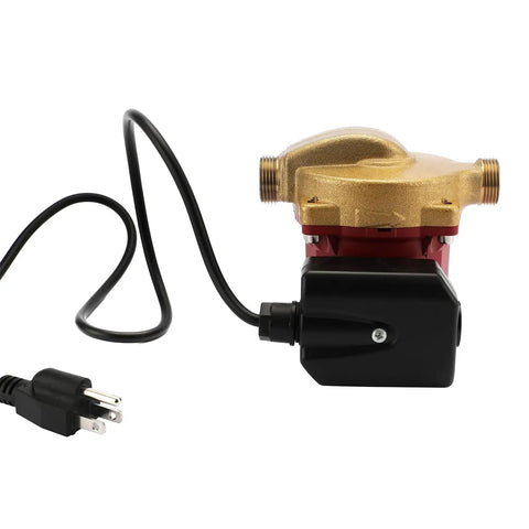 115 Volt Hot Water Circulator Pump Fractional Horsepower Bronze Heat Recirculating Unit With One Half Inch Sweat Ends, featuring a black power cord.