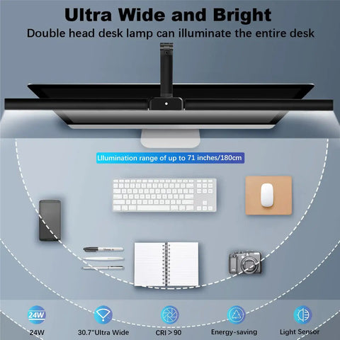 Top view of Ultra Wide Dual Head Desk Lamp With Clamp Mount, 30.7 Inch 24W LED, Eye Protection Lighting illuminating a workspace